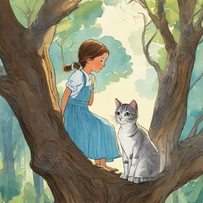 Kooper AI's illustration of the passage: a girl in a blue dress and a grey cat in a sunlit tree